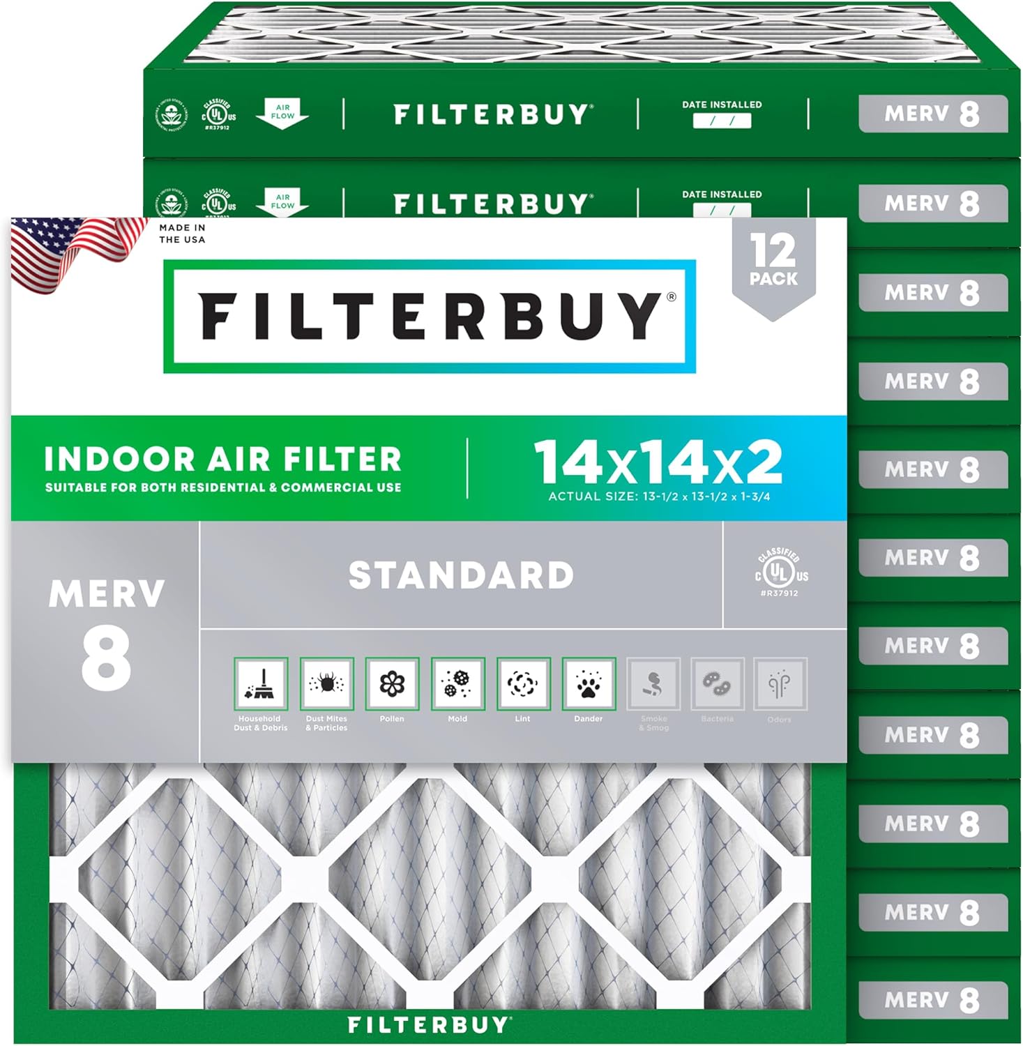 Filterbuy 14x14x2 Air Filter MERV 8 for Dust & Allergy Defense