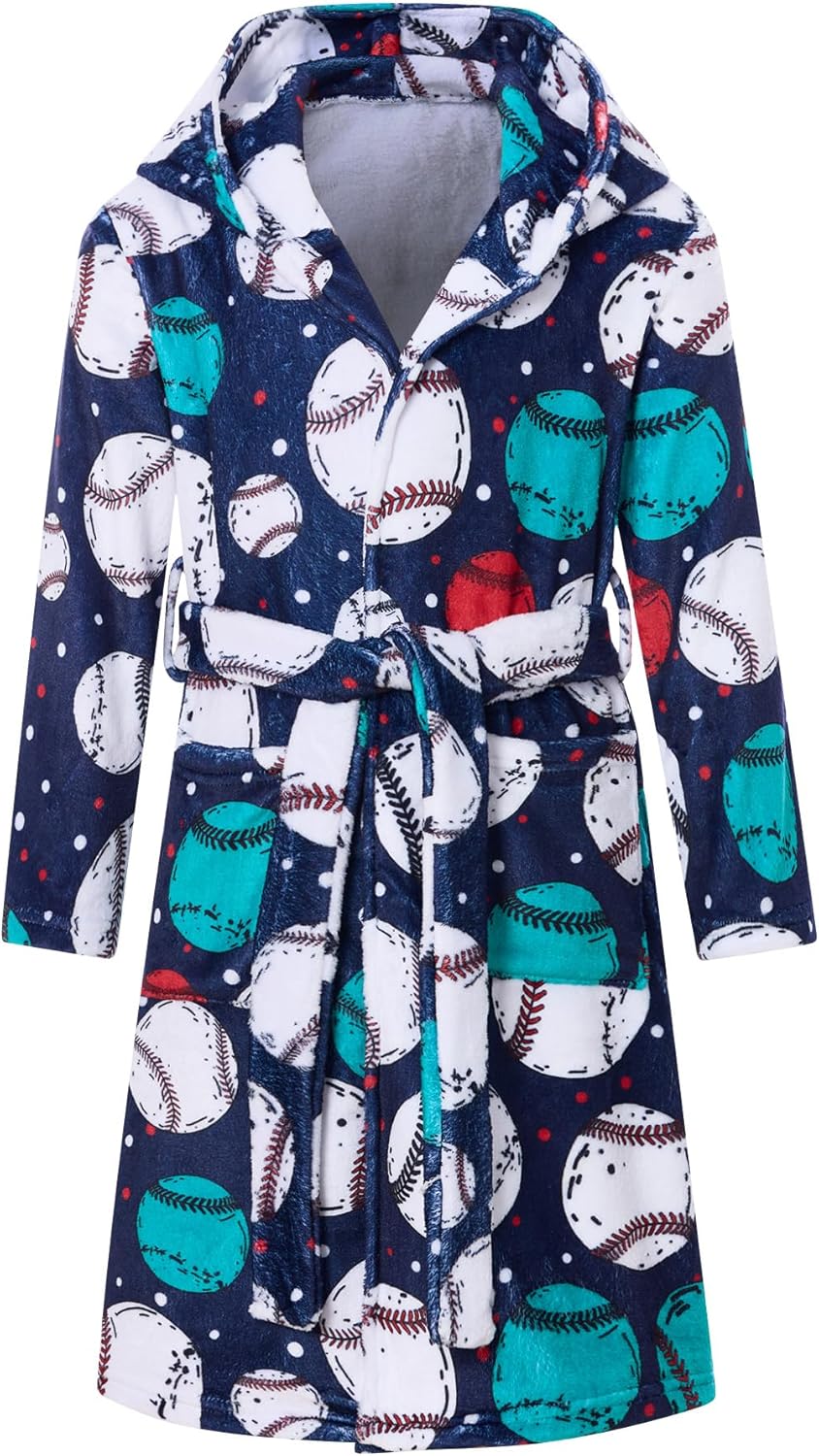 Funnycokid Boys Hooded Fleece Bathrobe for Ages 7-14 Years