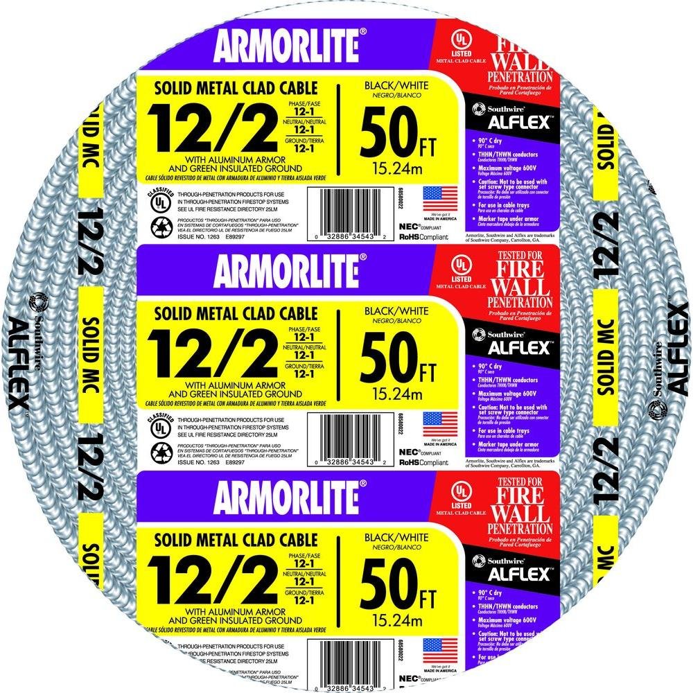 Southwire 50 ft 12/2 Solid CU MC Lite Cable for Electrical Needs
