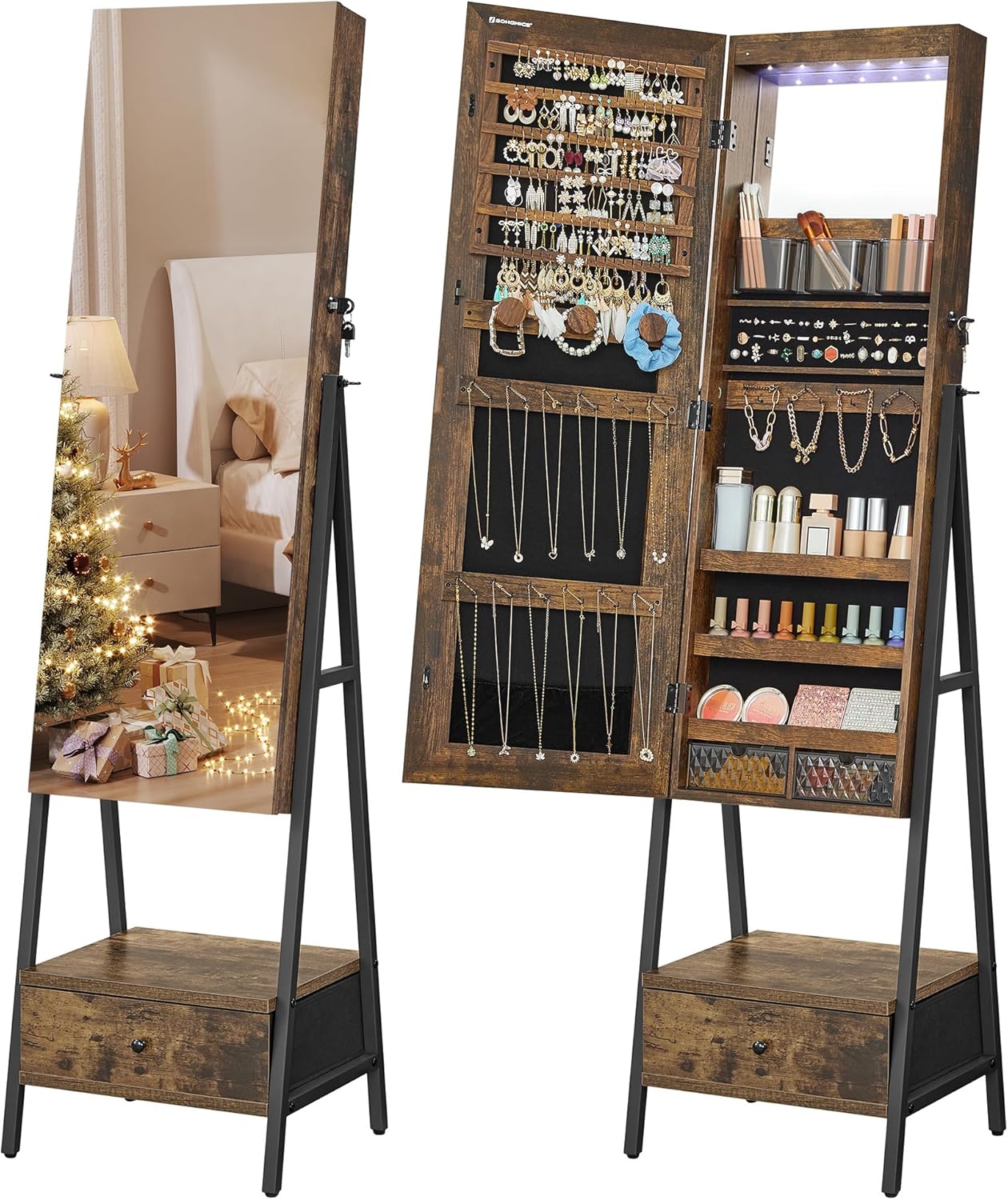 SONGMICS LED Cabinet Jewelry Armoire with Full-Length Mirror