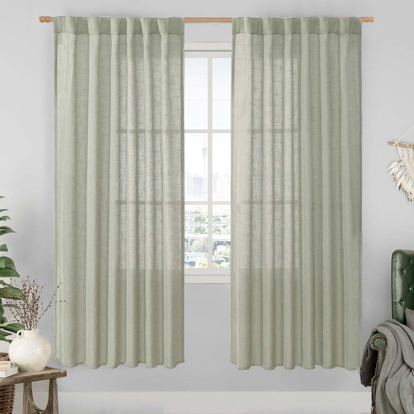 LAMIT Sage Grey Linen Boho Curtains for Elegant Home Decor
