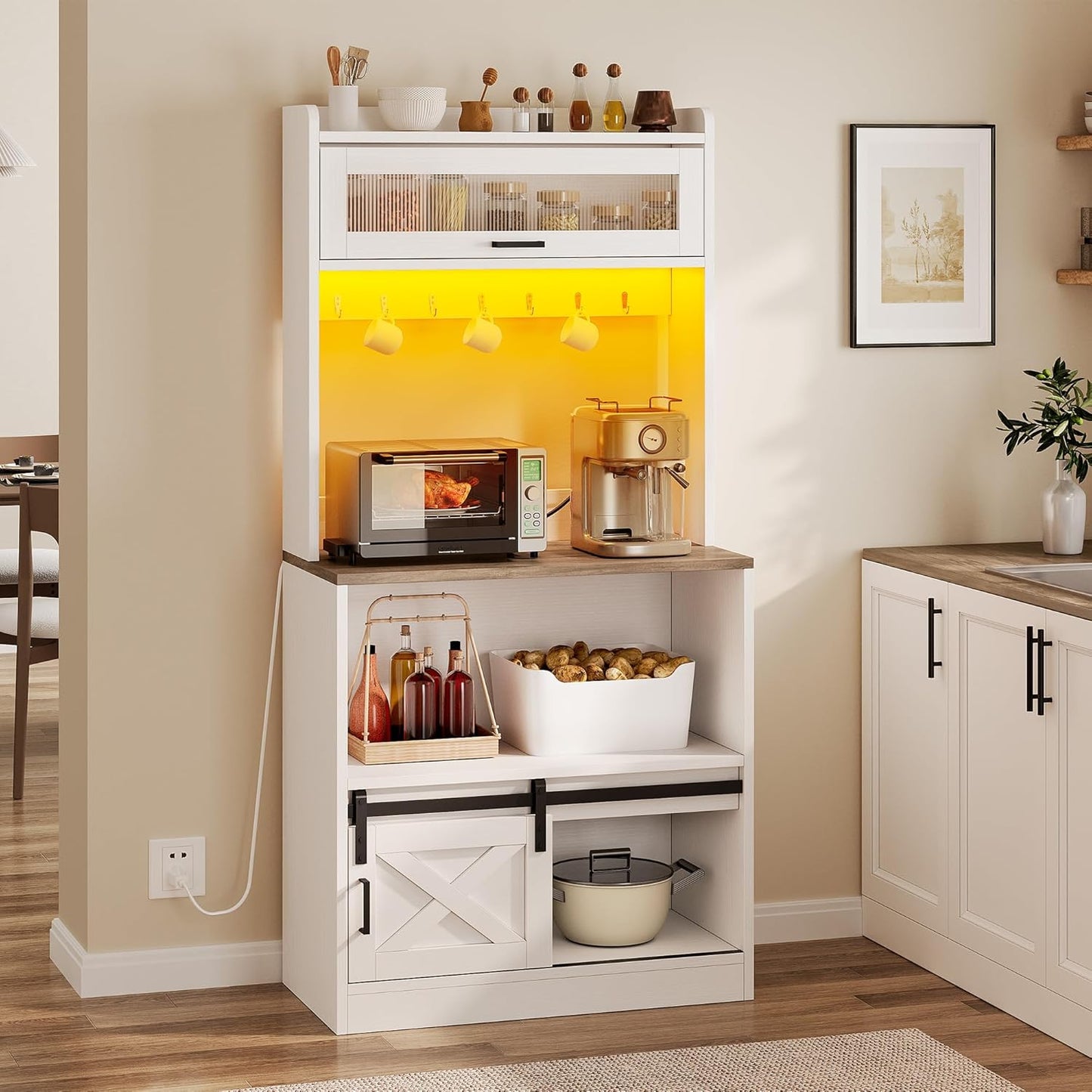 YITAHOME Farmhouse Bakers Rack - Organize & Illuminate Your Space!