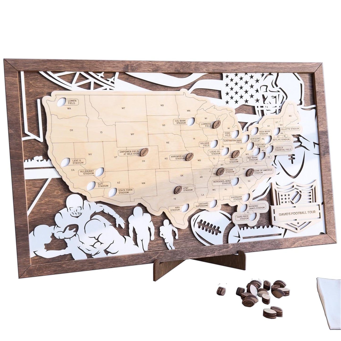 Personalized Wooden American Football Stadium Tracker Map Gift