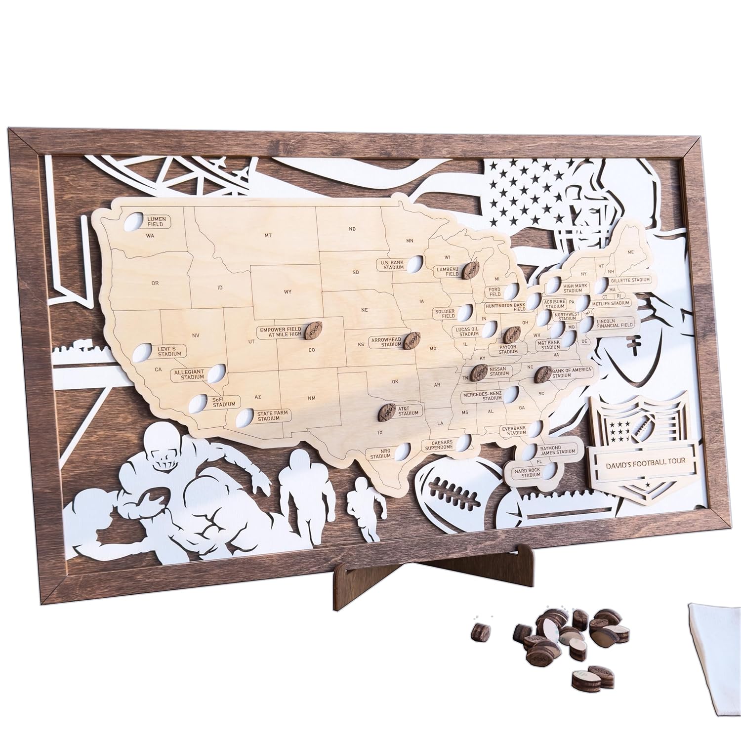 Personalized Wooden American Football Stadium Tracker Map Gift
