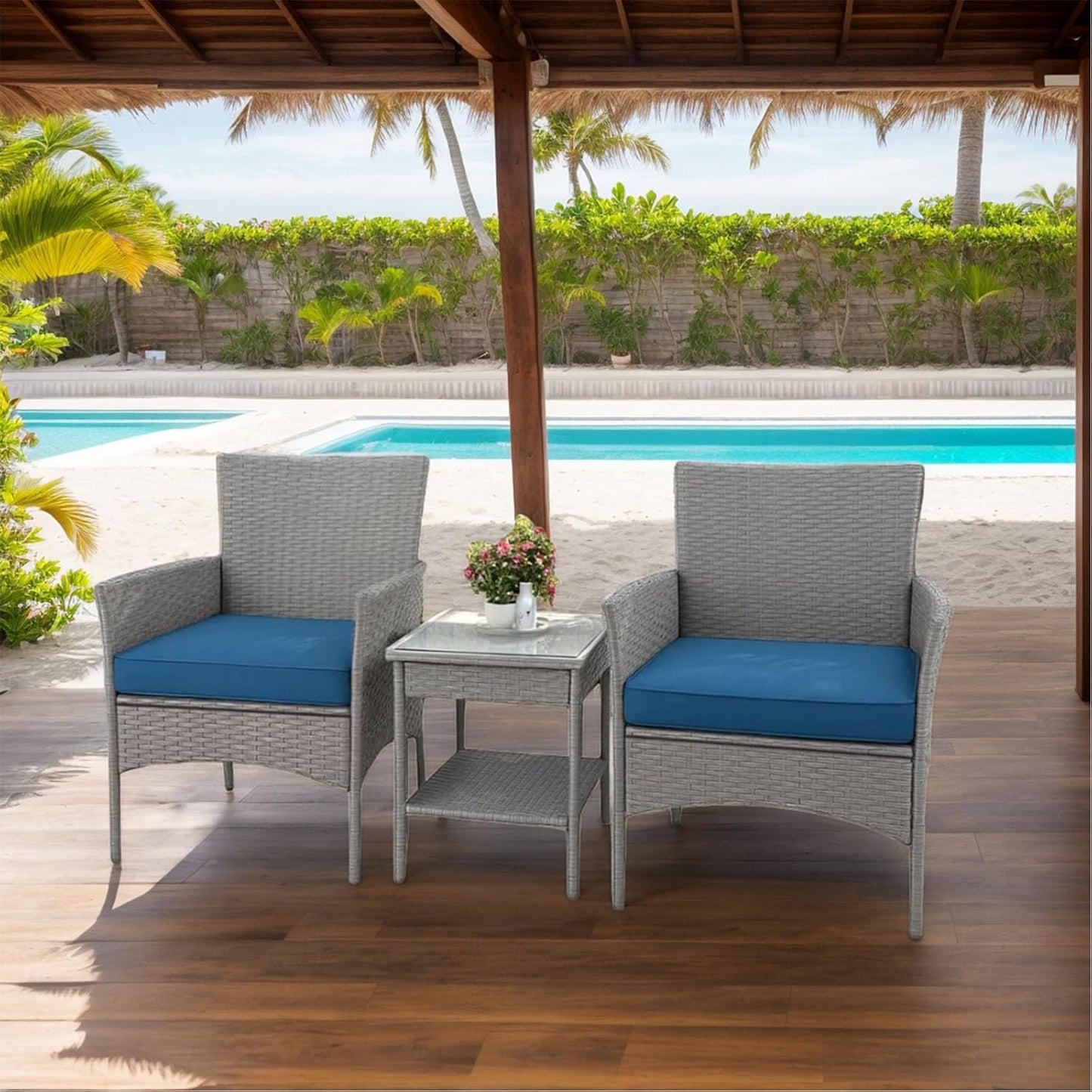 3-Piece Patio Furniture Set with Gray Wicker & Blue Cushions