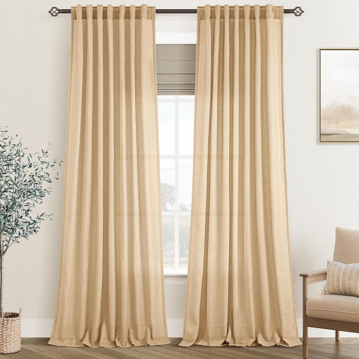 Tan Linen Curtains 102 inches Long for Rustic Farmhouse Decor