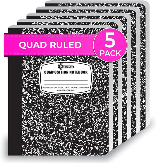 5 Pack Quad Ruled Graph Notebook Set, 200 Pages, Black Marble, Sewn Cover, 9-3/4 x 7-1/2