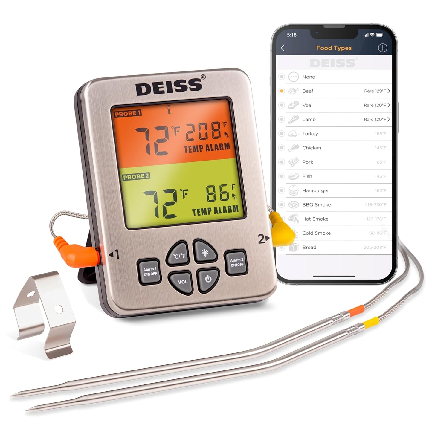 Deiss PRO Bluetooth Meat Thermometer: Dual Probes for Precise Grilling!