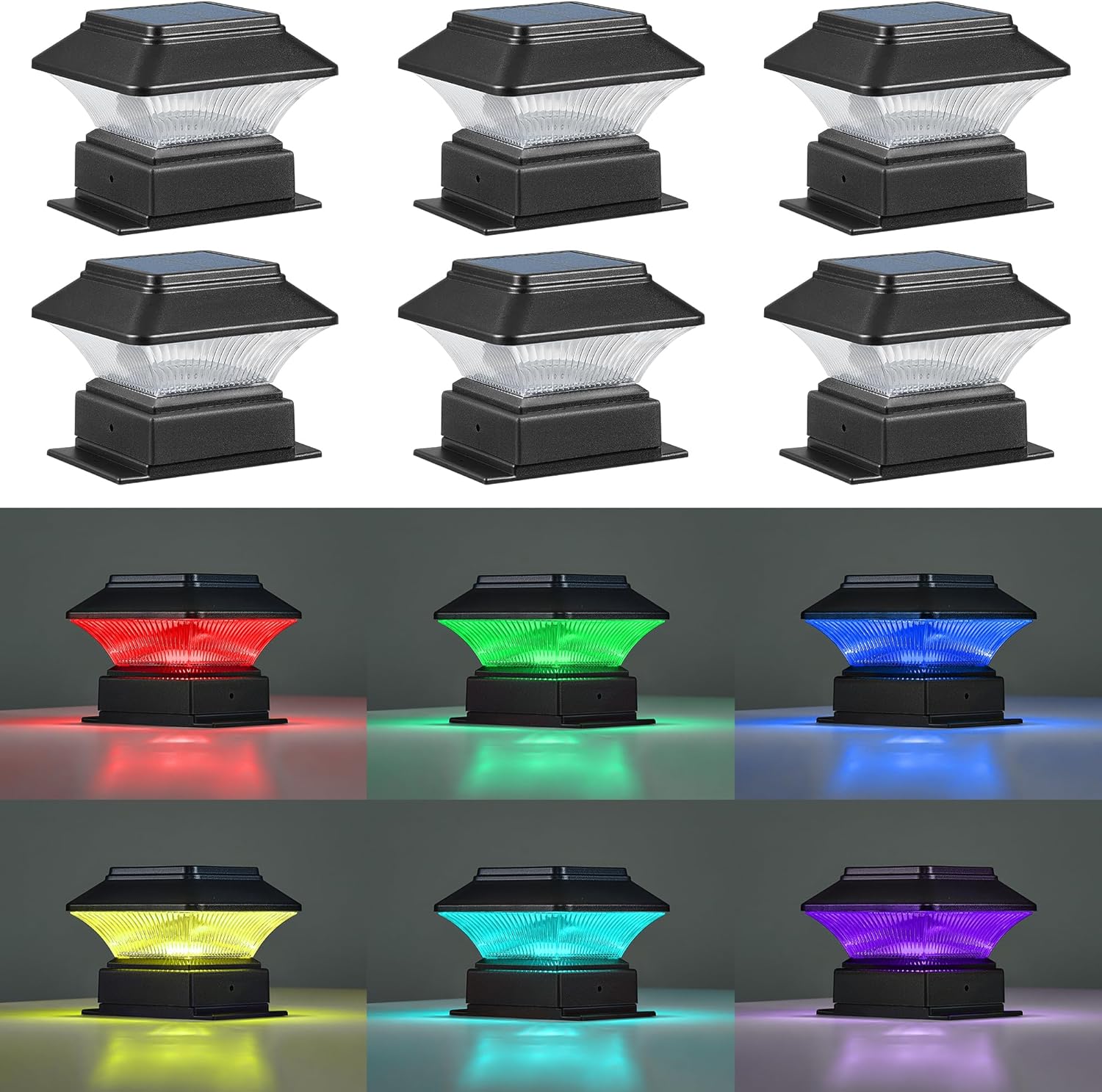6 Pack RGBW Solar Post Cap Light for Decks and Gardens