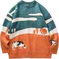 Men Oversized Cable Knit Sweater Crewneck - Cute Graphic Pullover
