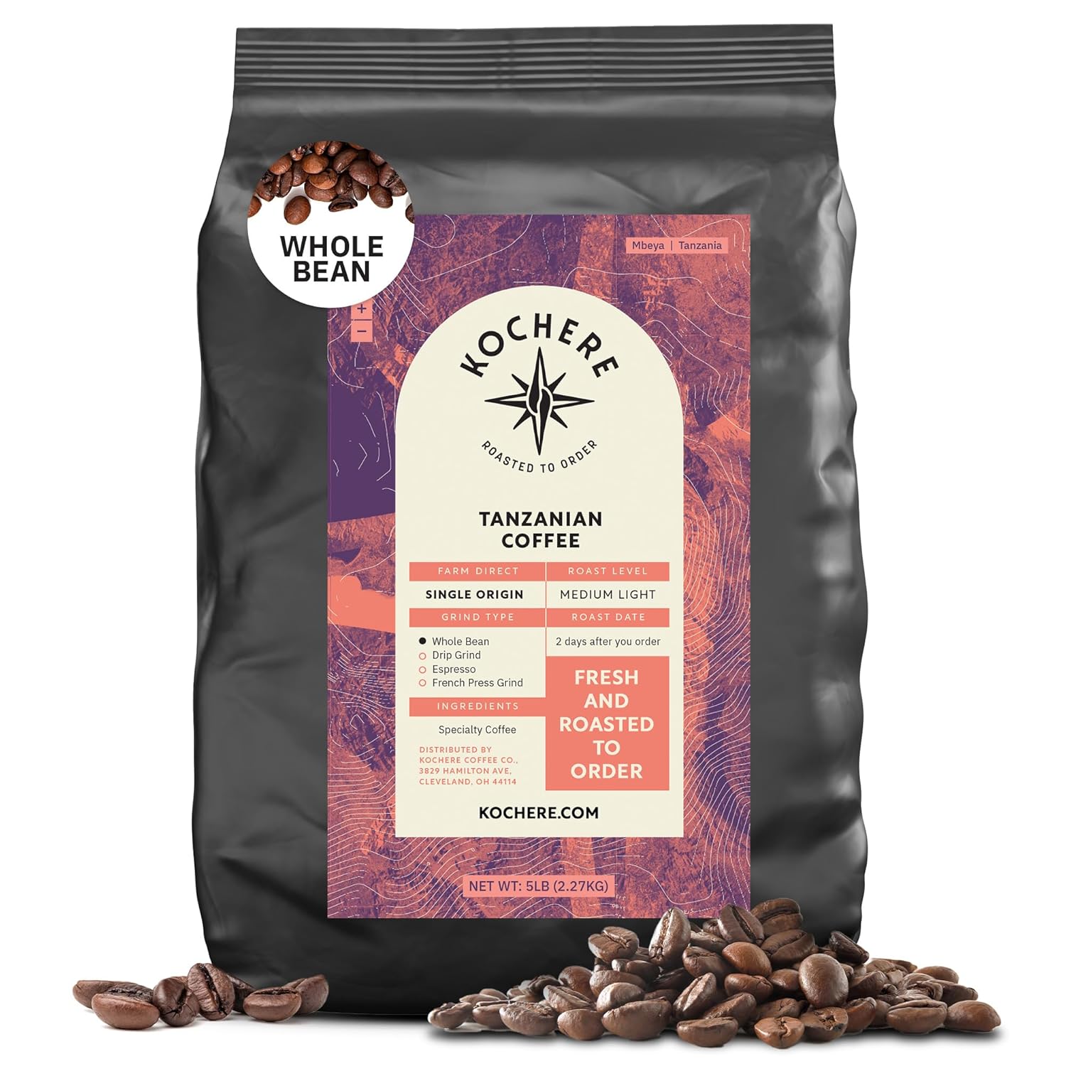 Tanzanian Peaberry Coffee Beans - Medium Light Roast 5LB Bags