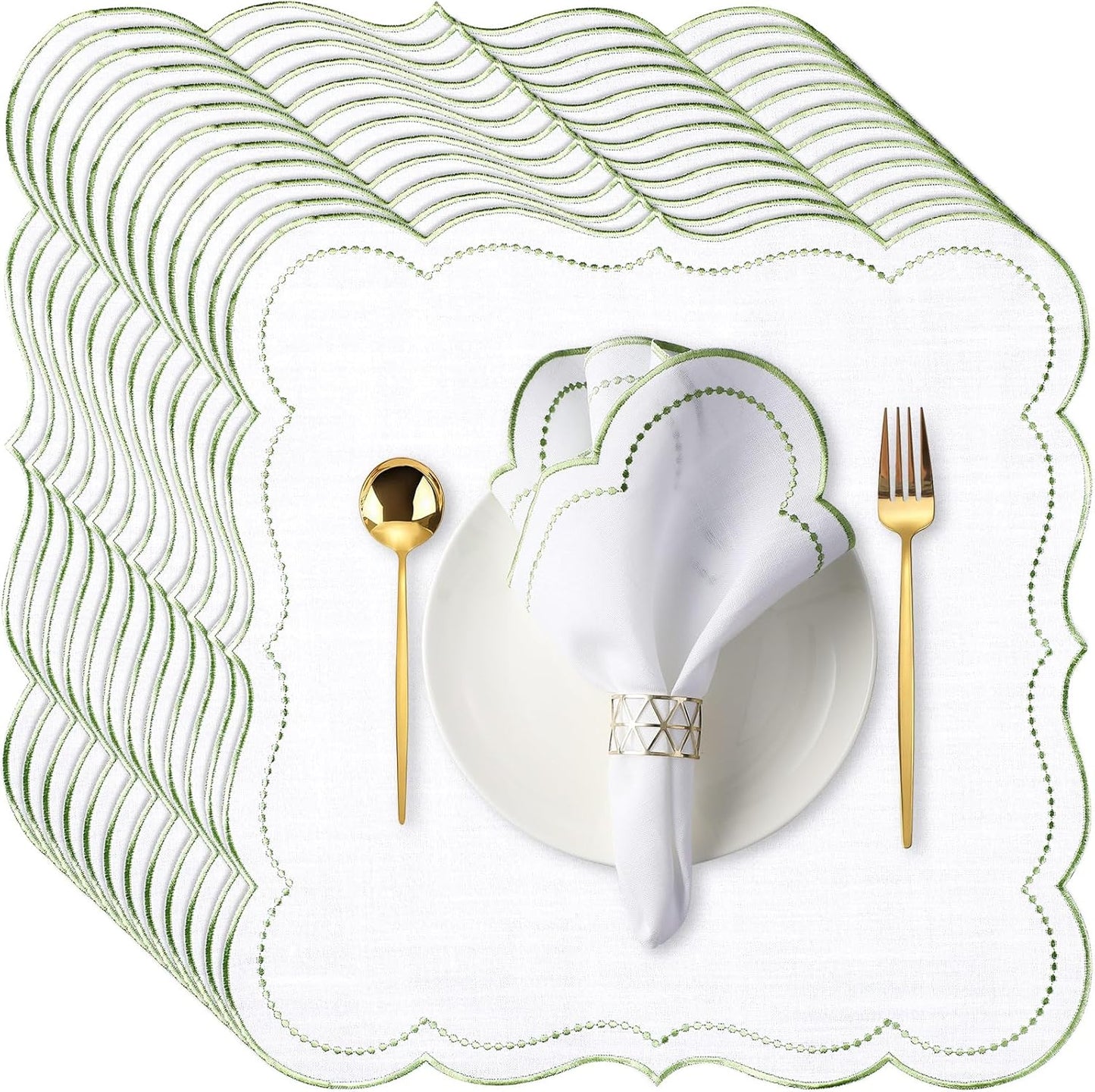 12 Set Cloth Napkins with Scalloped Embroidery for Events