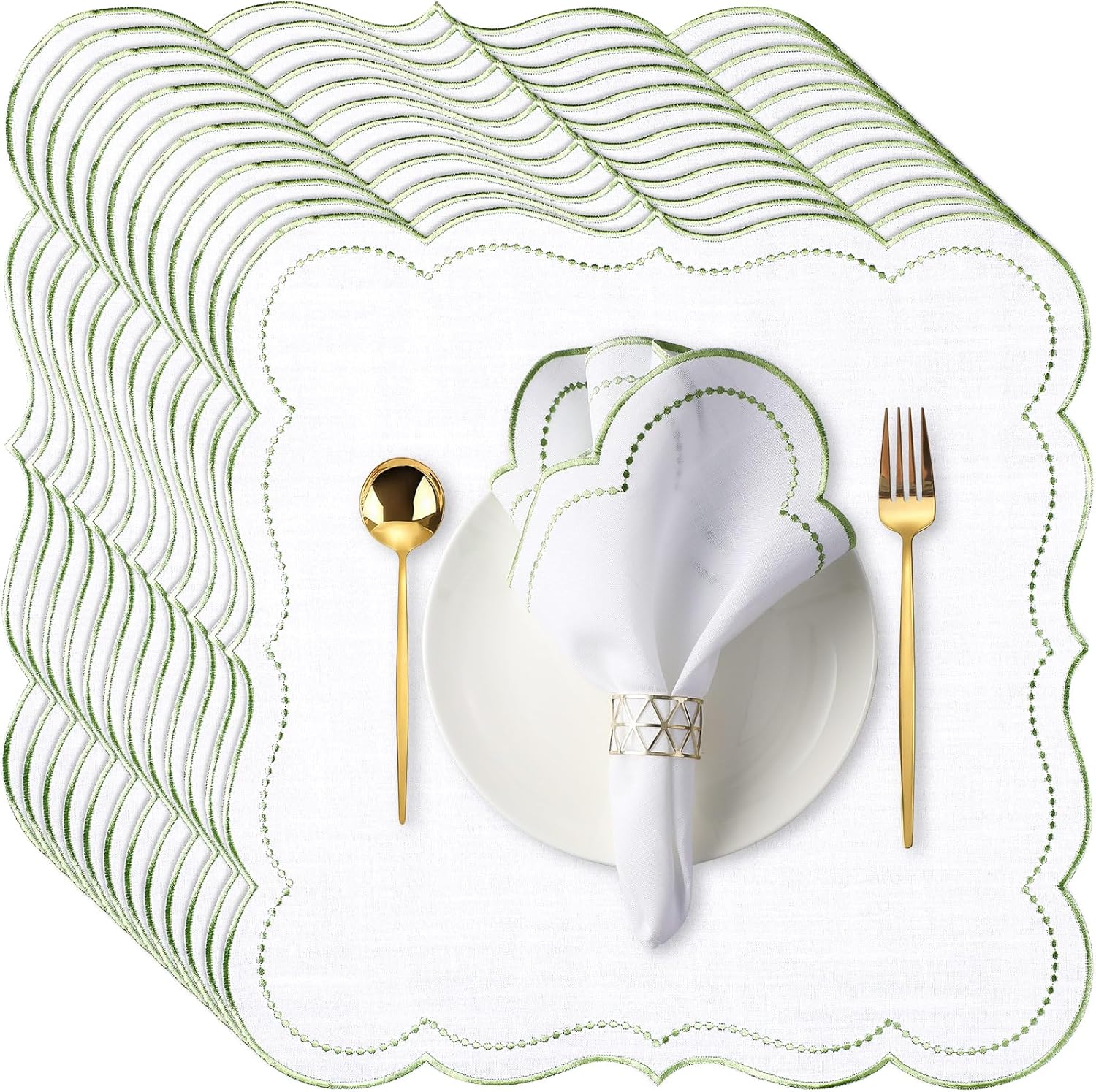 12 Set Cloth Napkins with Scalloped Embroidery for Events