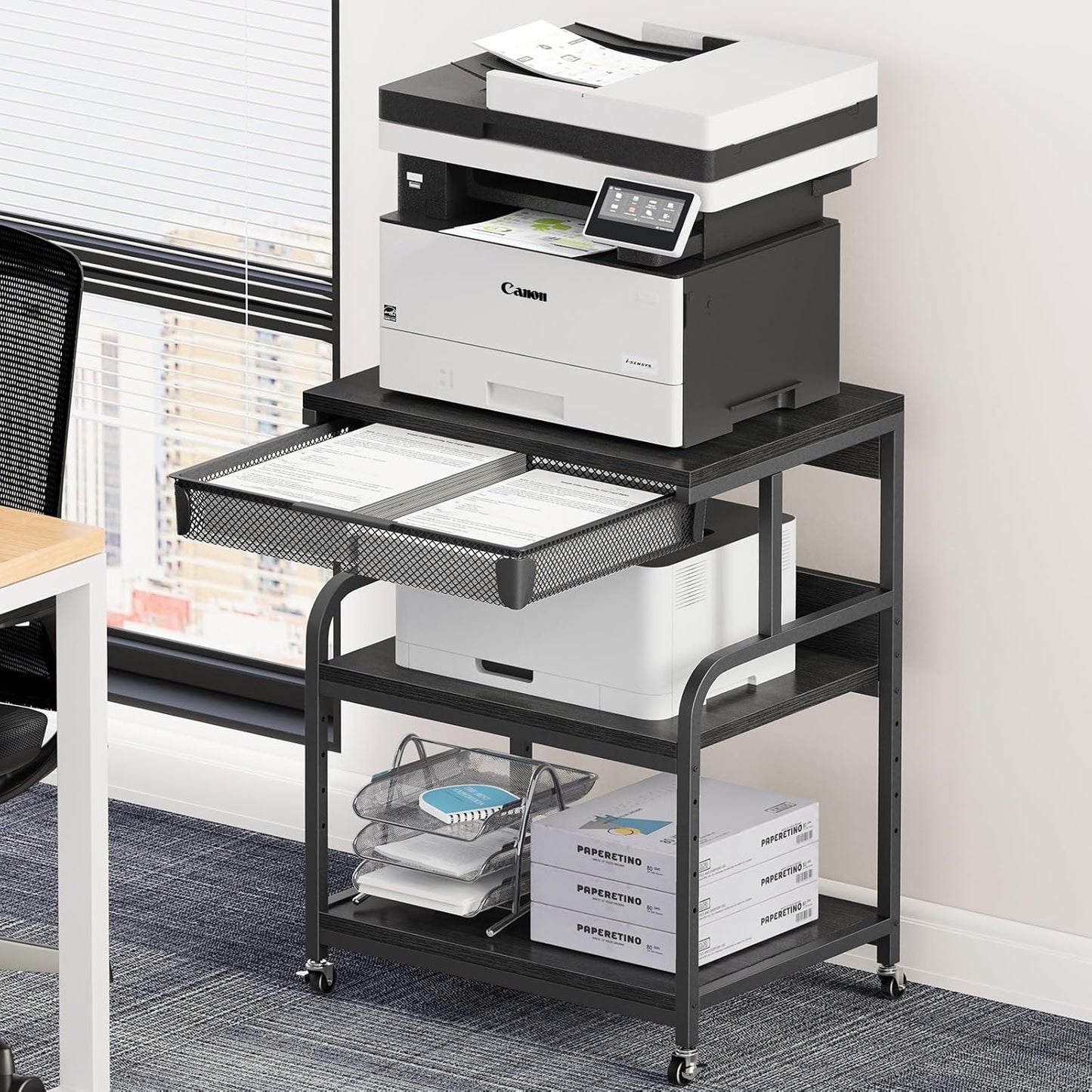 EasyCom Extra Large Printer Stand: Adjustable Heights, Storage Drawer, Wheels!