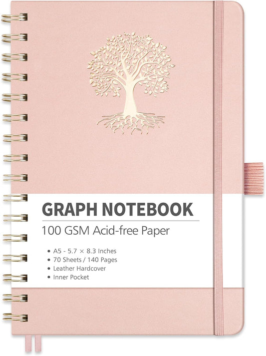 140 Pages A5 Grid Spiral Notebook for Students & Engineers - Rose Gold