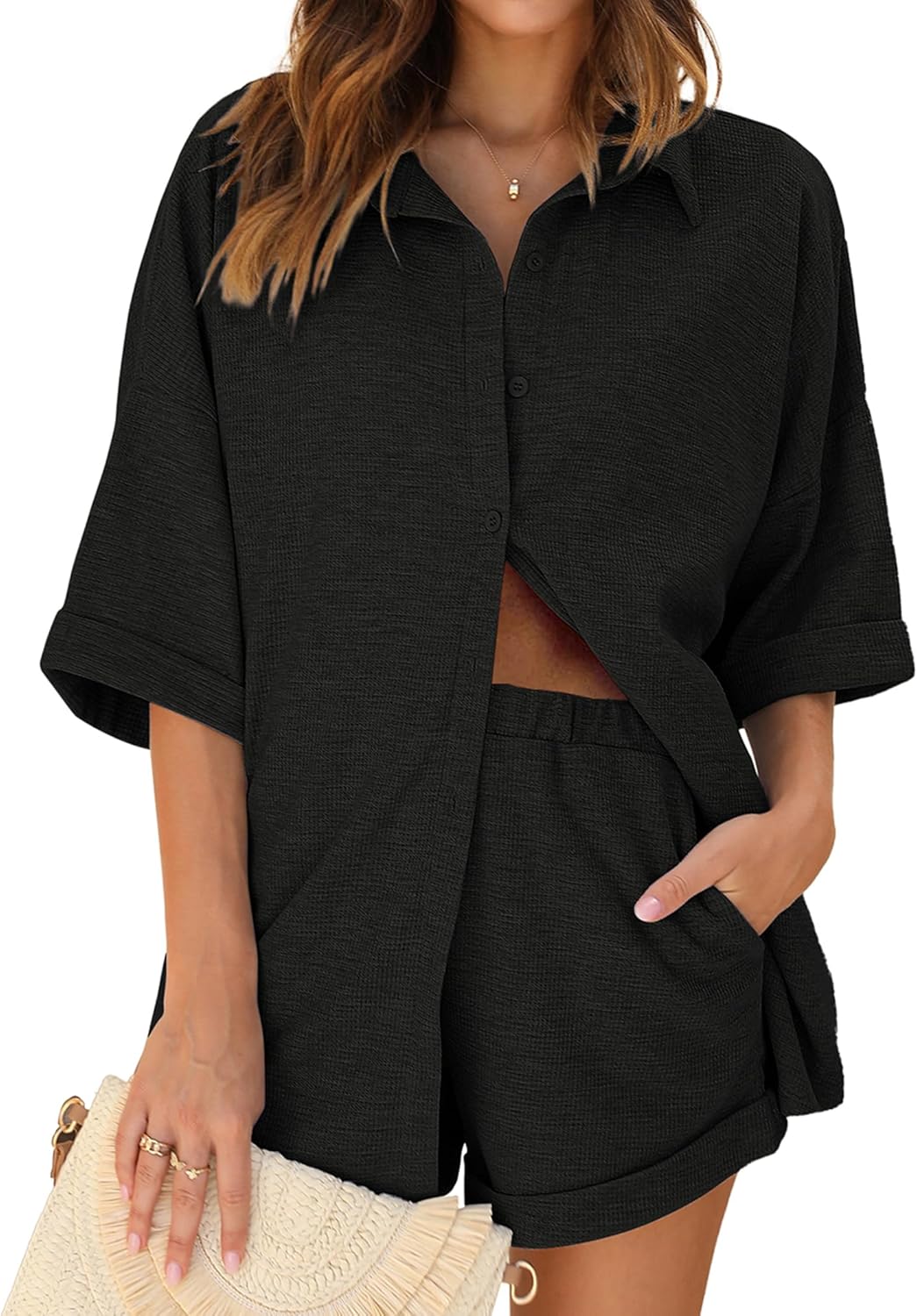 Ekouaer Waffle Knit Lounge Sets for Women - Cozy Pajama Set