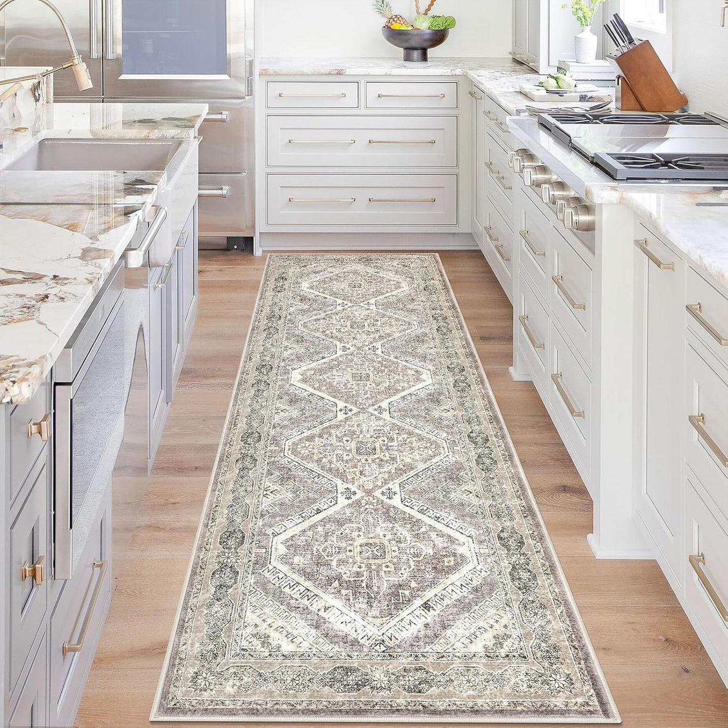 KUTA Oriental Washable Runner Rug, Vintage Ivory Grey Yellow