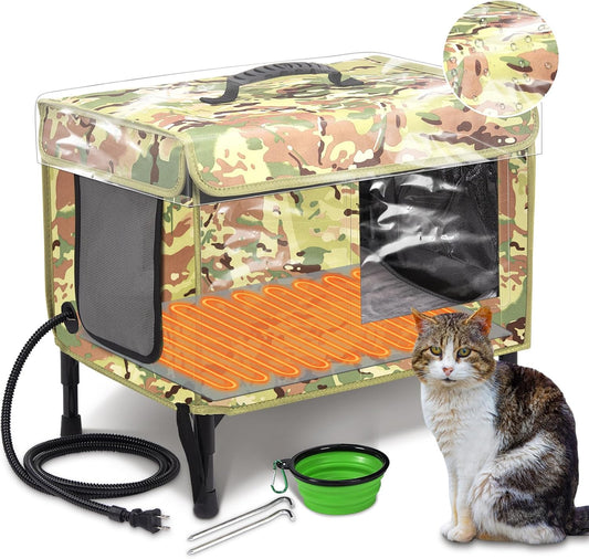 Insulated Heated Cat House for Feral Cats, Waterproof & Escape Door, 20x13.5x13.5