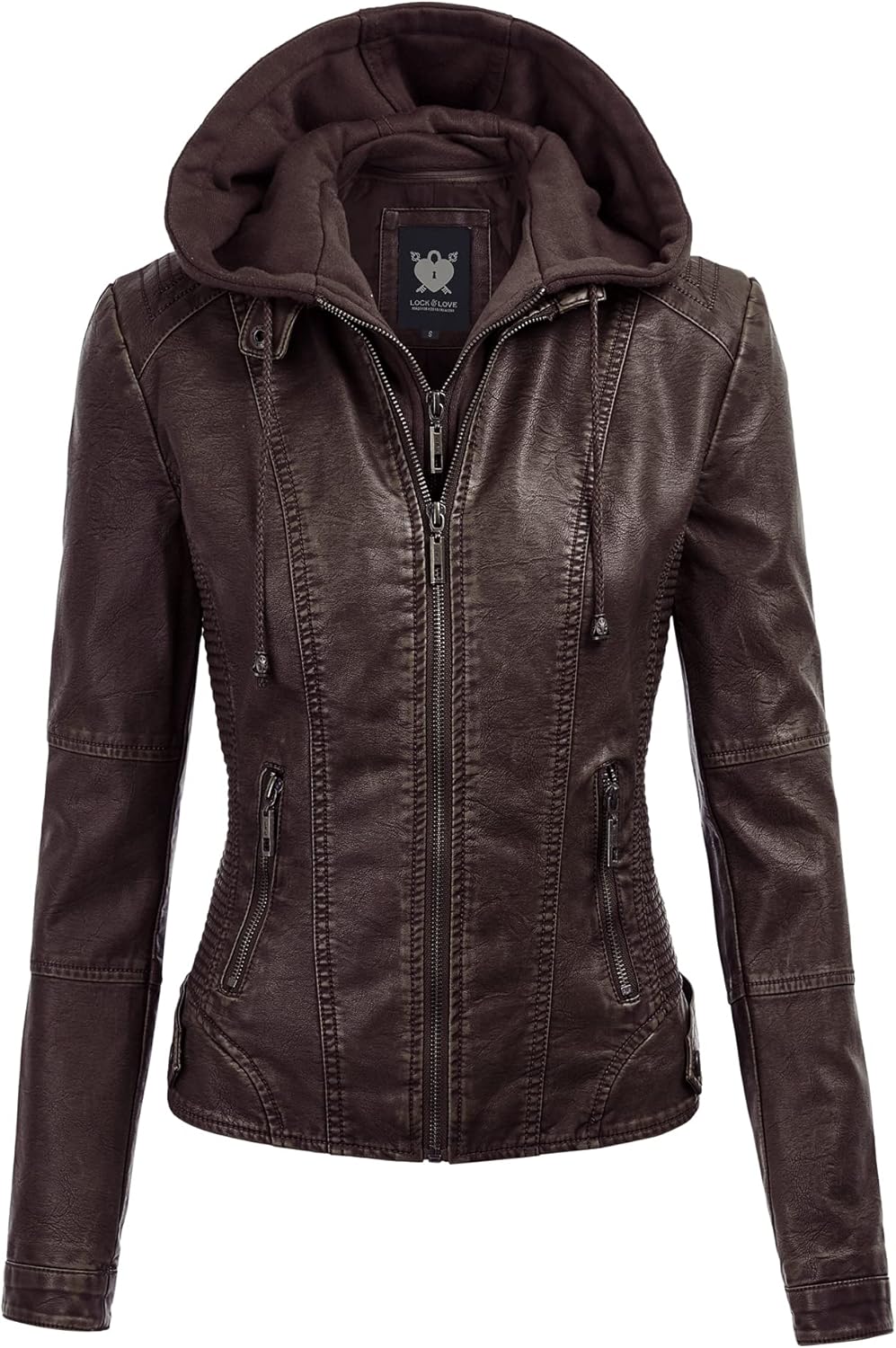 Stylish Faux Leather Moto Biker Jacket with Removable Hood