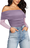 Off The Shoulder Long Sleeve Bodysuit - Slimming Mesh Ruched Top