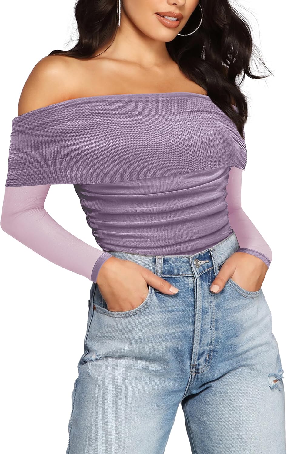 SAUNGKUAI Women's Off The Shoulder Long Sleeve Bodysuit for Fall