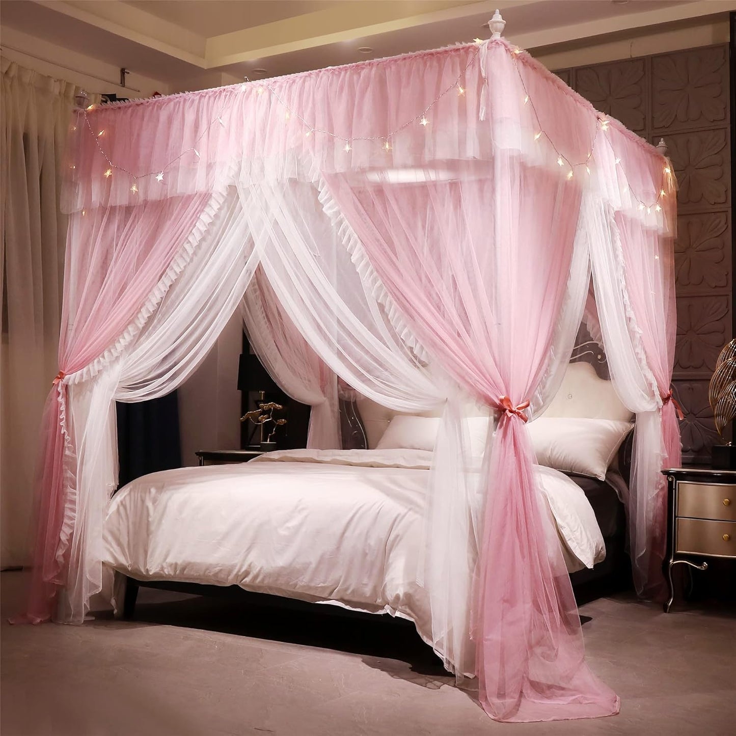 VETHIN 4 Corners Post Ruffle Princess Bed Canopy Curtain