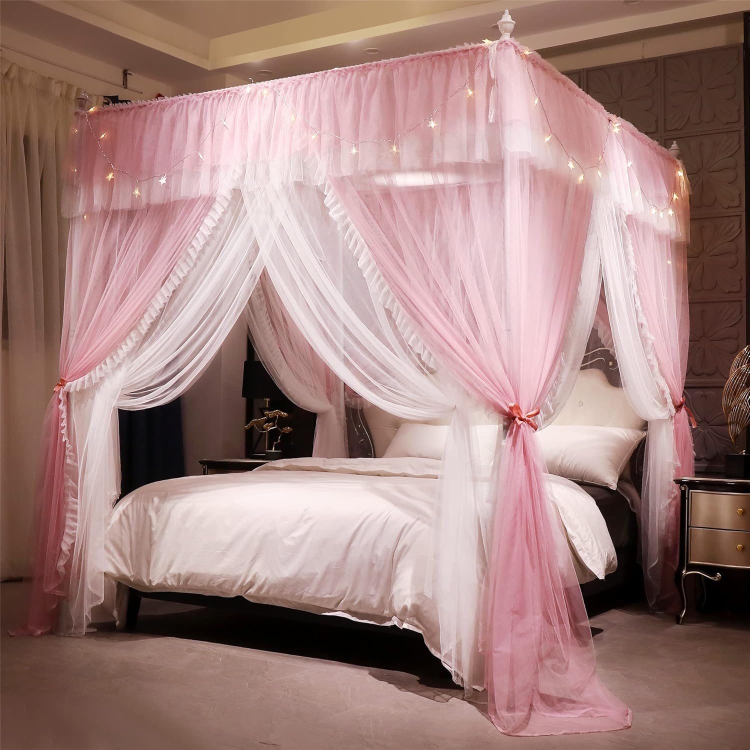 VETHIN 4 Corners Post Ruffle Princess Bed Canopy Curtain