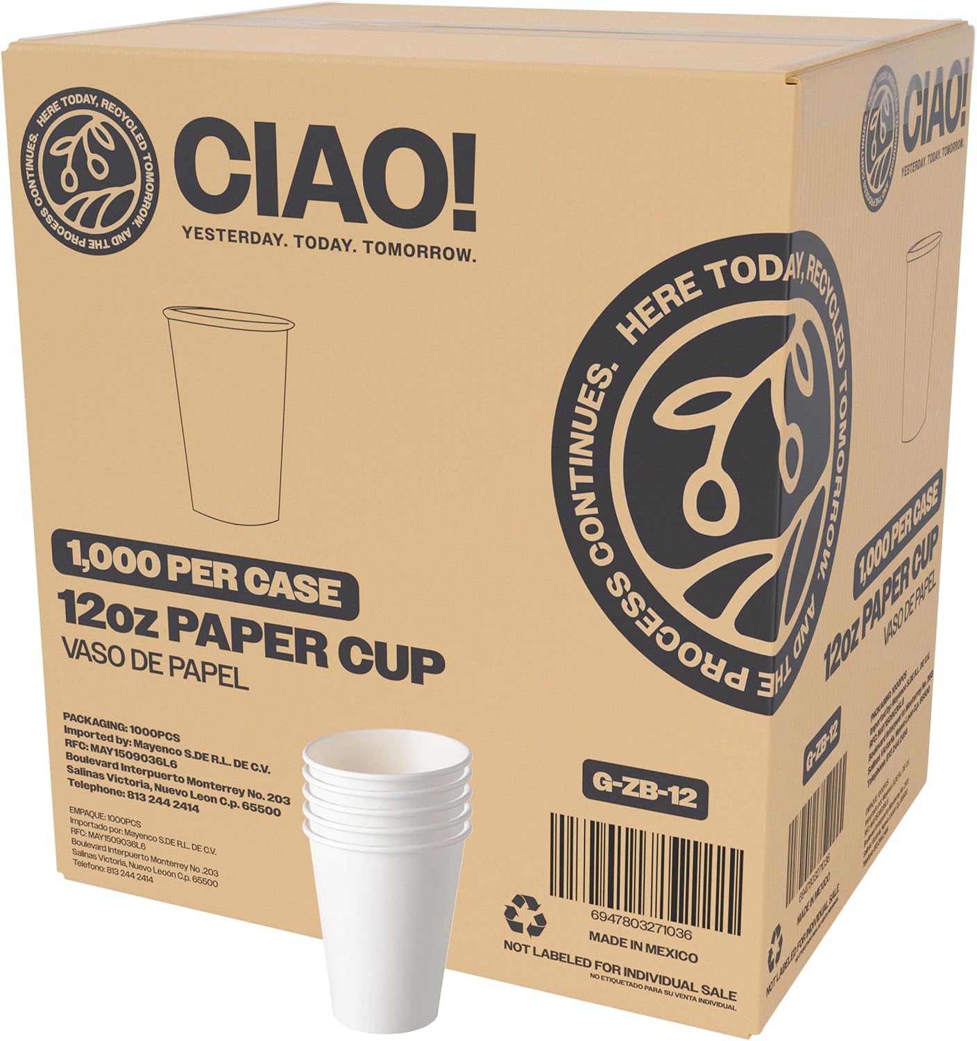 CIAO! 12oz White Paper Hot Cups - Eco-Friendly Disposable 1000 Count