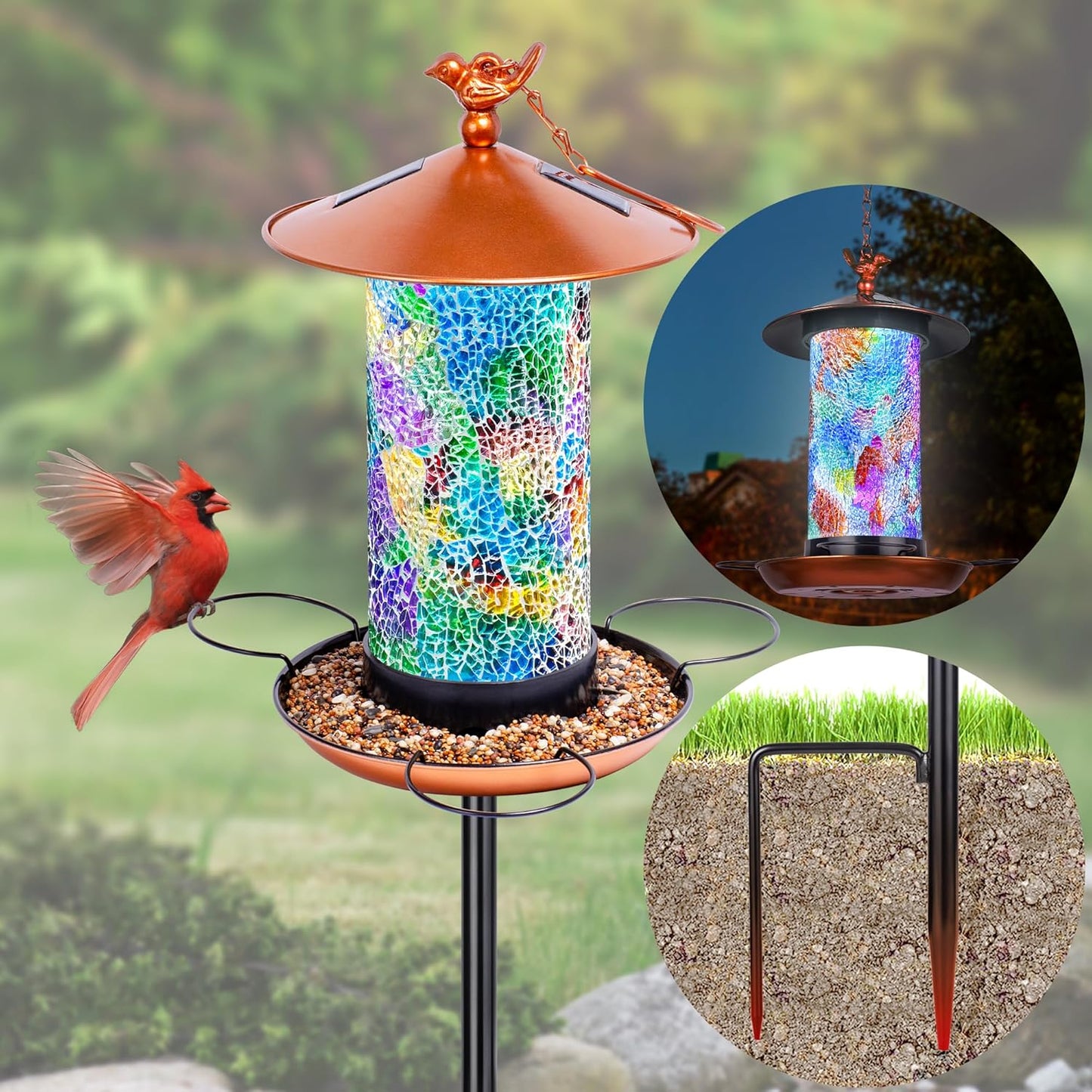 Mosaic Solar Wild Bird Feeder with Adjustable Pole Kit for Gardens