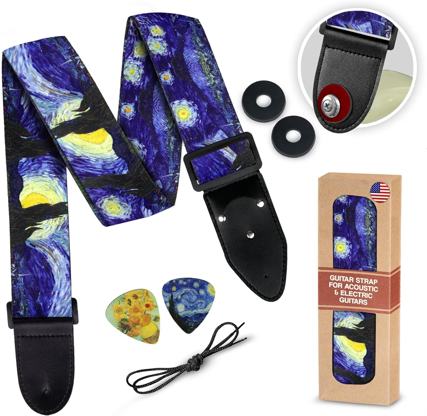 Van Gogh Starry Night Guitar Strap Set - Artistic Gift for Guitarists
