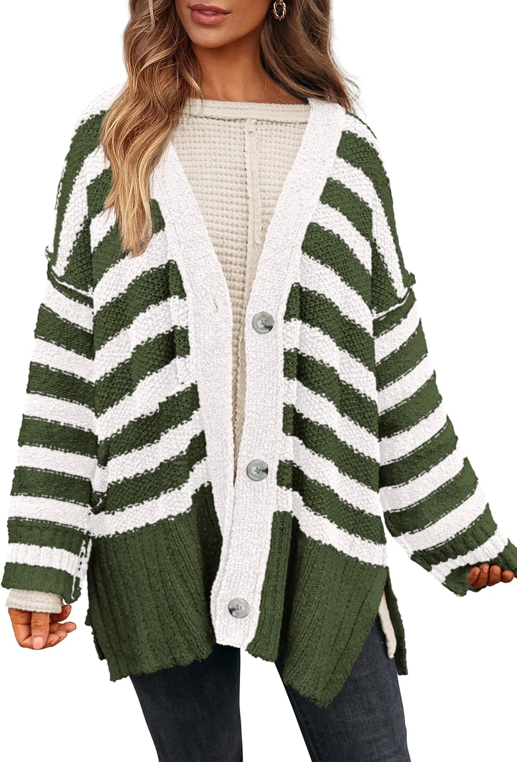 PRETTYGARDEN Women's Winter Striped Cardigan Sweater Coat