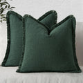 Army Green Fringe Linen Throw Pillow Covers 24x24 in - Boho Farmhouse