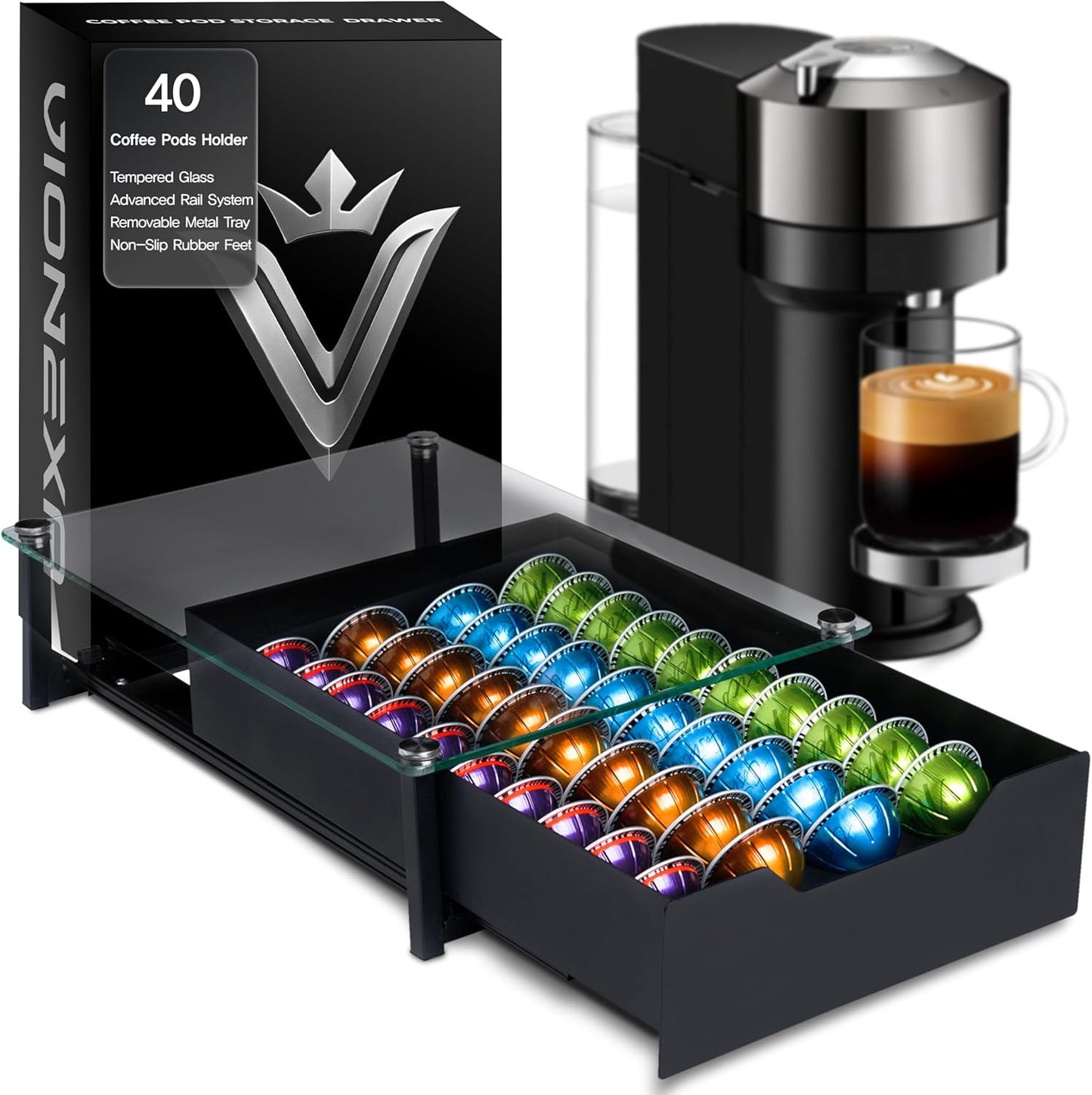 Coffee Pod Holder with Rail Drawer for Nespresso and K-Cups