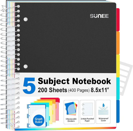 SUNEE 5-Subject Graph Notebook - 400pg 8.5x11 - 4x4 Ruled, 5 Dividers, 3-Hole Punch, Black