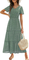 Womens 2025 Long Summer Dress V Neck Smocked Maxi - Flattering Fit