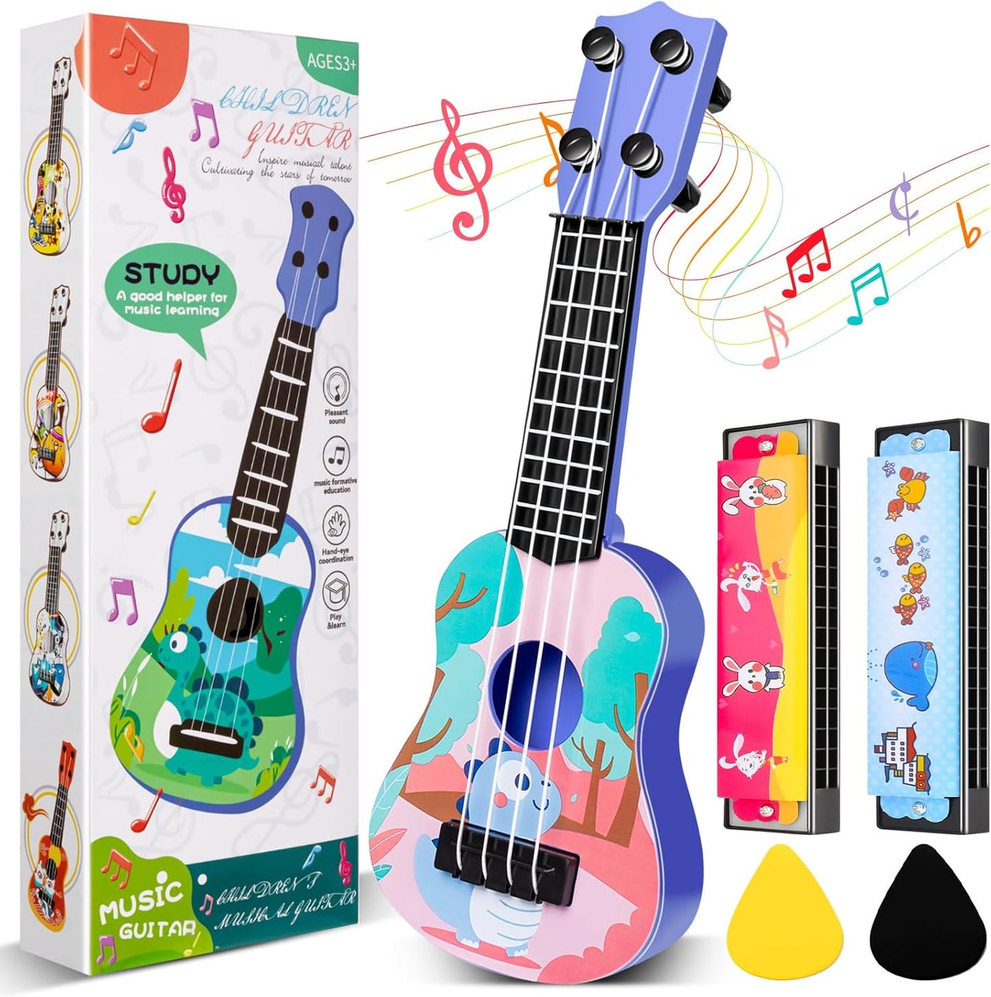 Mini Guitar Toy Set with Bonus Harmonicas - Dino Party Favor