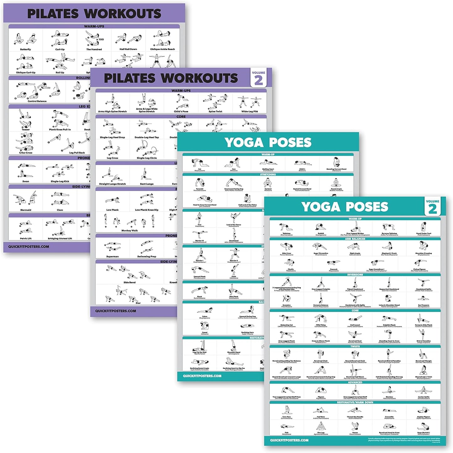 Pilates & Yoga Exercise Poster Set - 4 Pack Bundle!