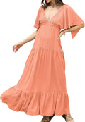 Kikibell Women V-Neck Maxi Dress Tiered Flutter Sleeve - Flowy Shape