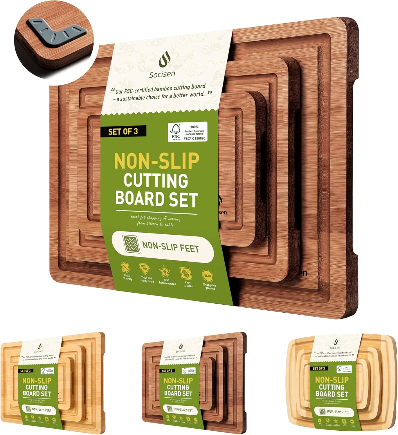 Bamboo Cutting Board Set with Non-Slip Feet for Kitchen Use