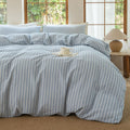 Luxury 100% Washed Cotton Linen Like Duvet Cover Set - Striped Queen
