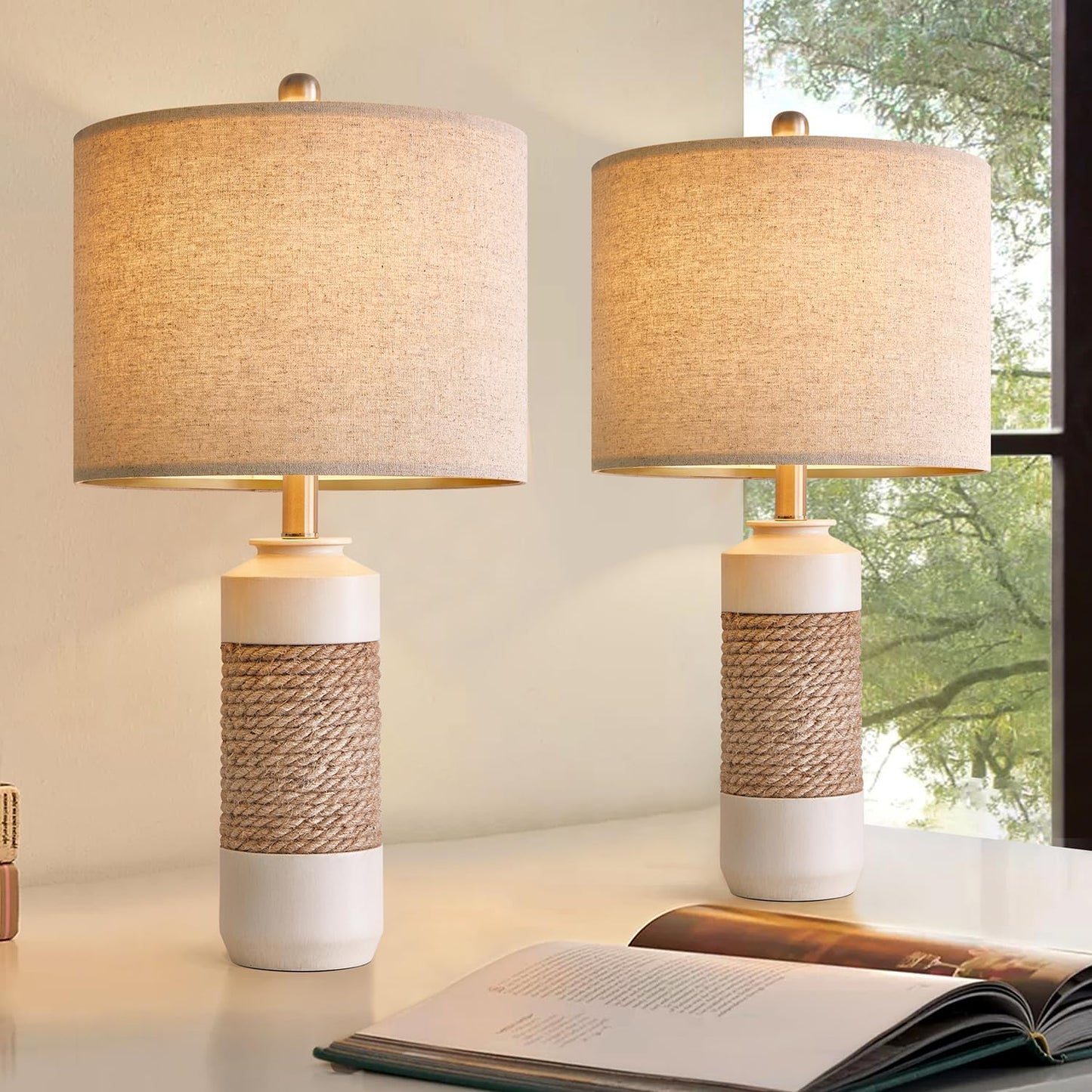 Vintage Farmhouse Rattan Table Lamps Set of 2 for Reading