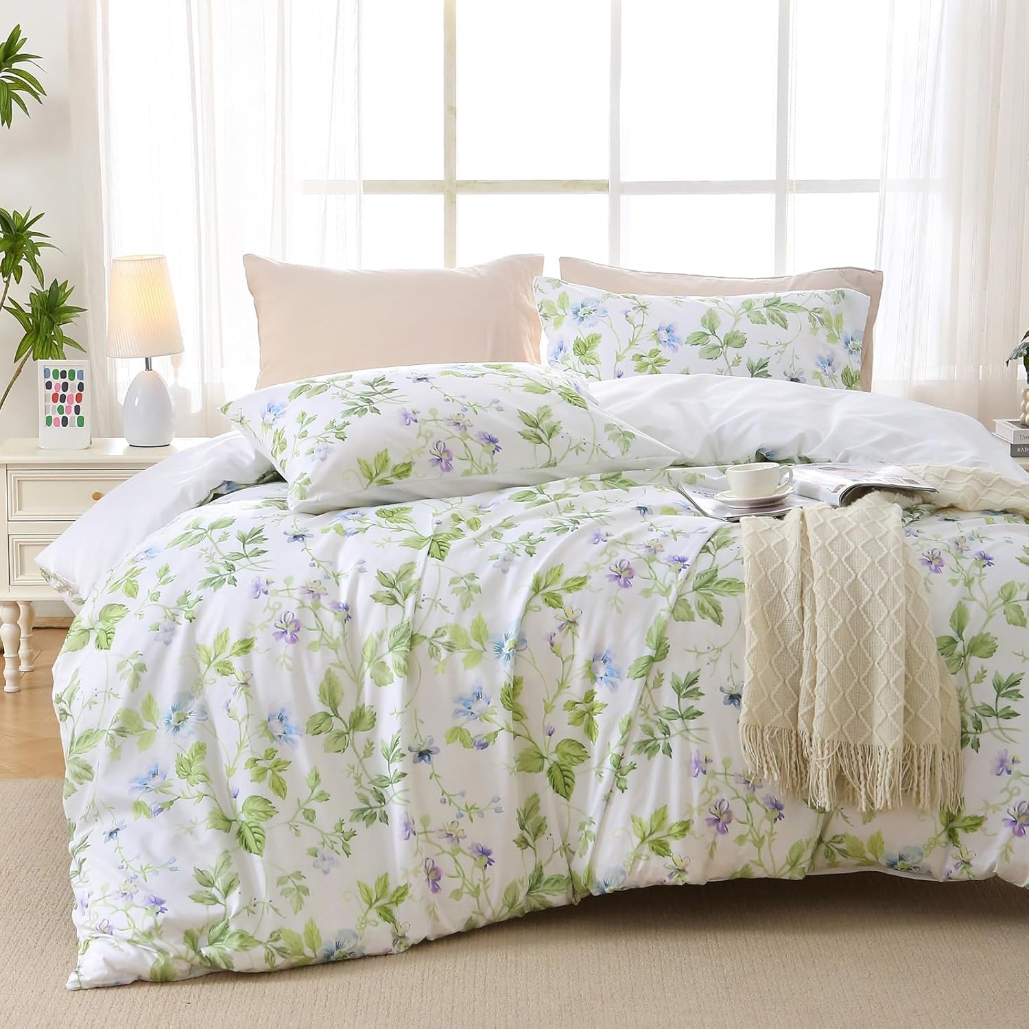 MUXHOMO Reversible Floral Duvet Cover Set for Queen Size Bed