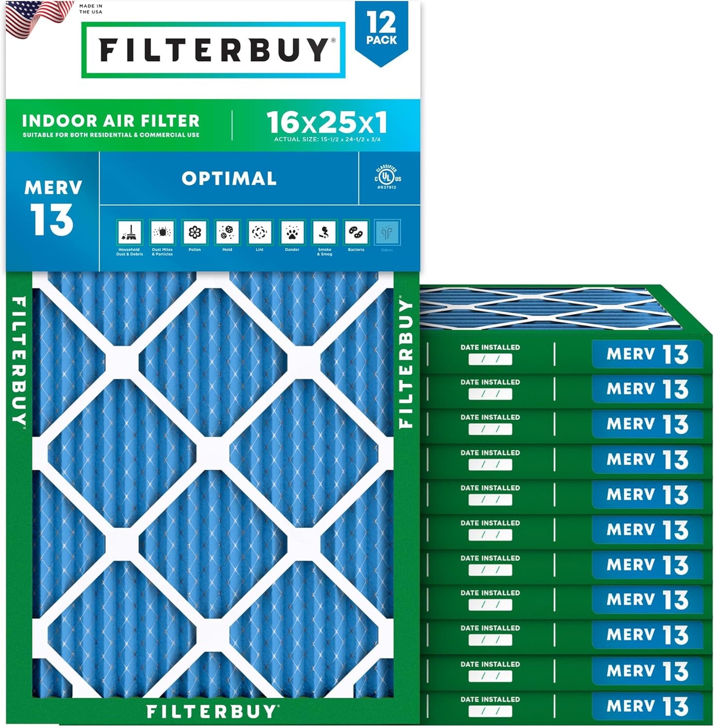 Filterbuy 16x25x1 Air Filter MERV 13 for Smoke & Allergy Defense