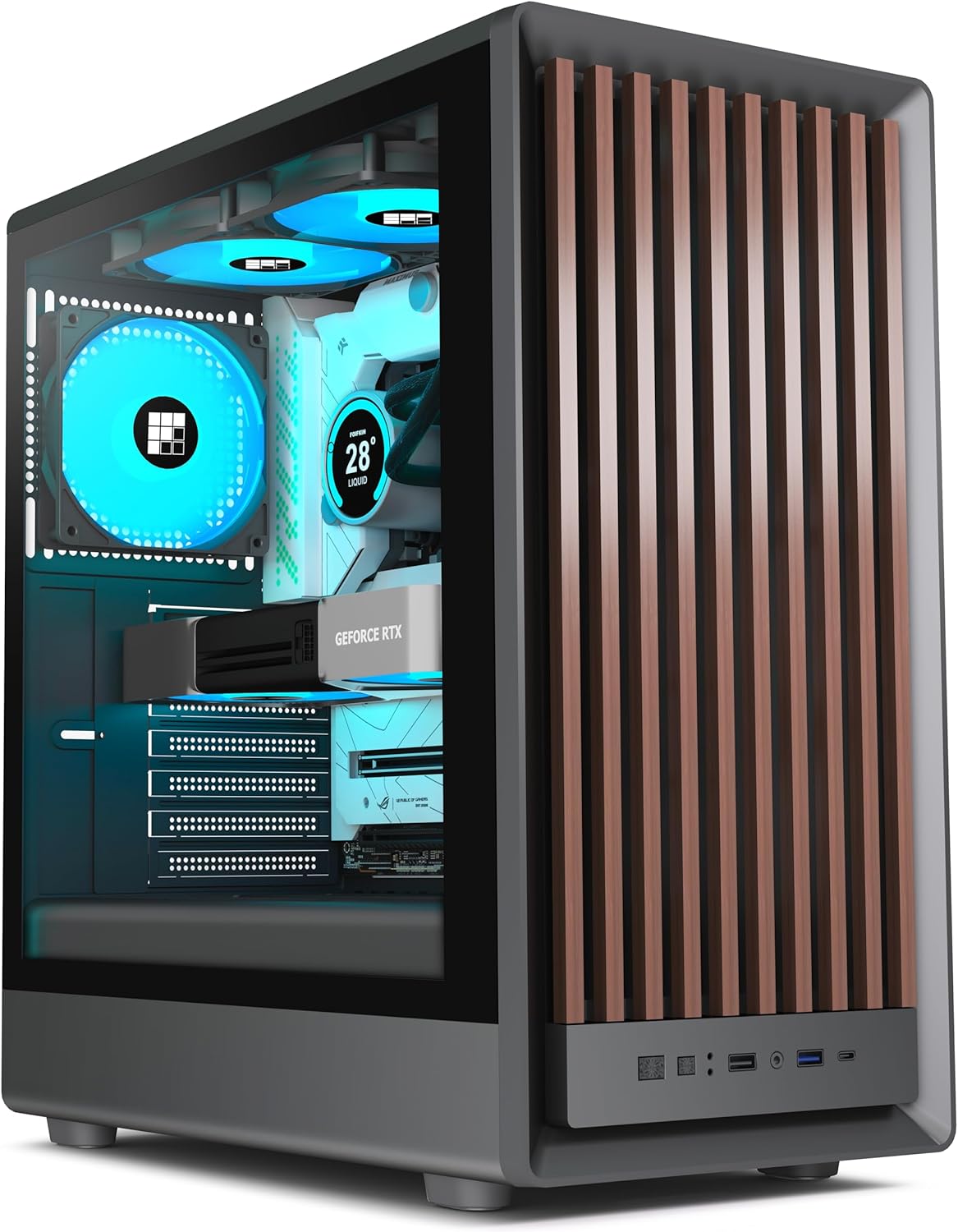 M1 PC Case with Walnut Front Panel and 4 ARGB Fans for Gaming