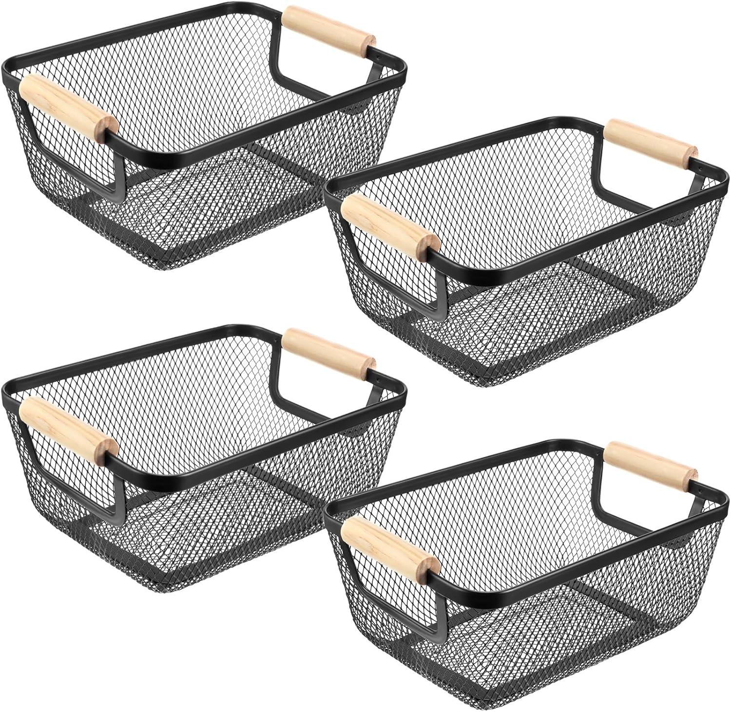 4 Pcs Metal Wire Basket with Wooden Handles for Home Organizing