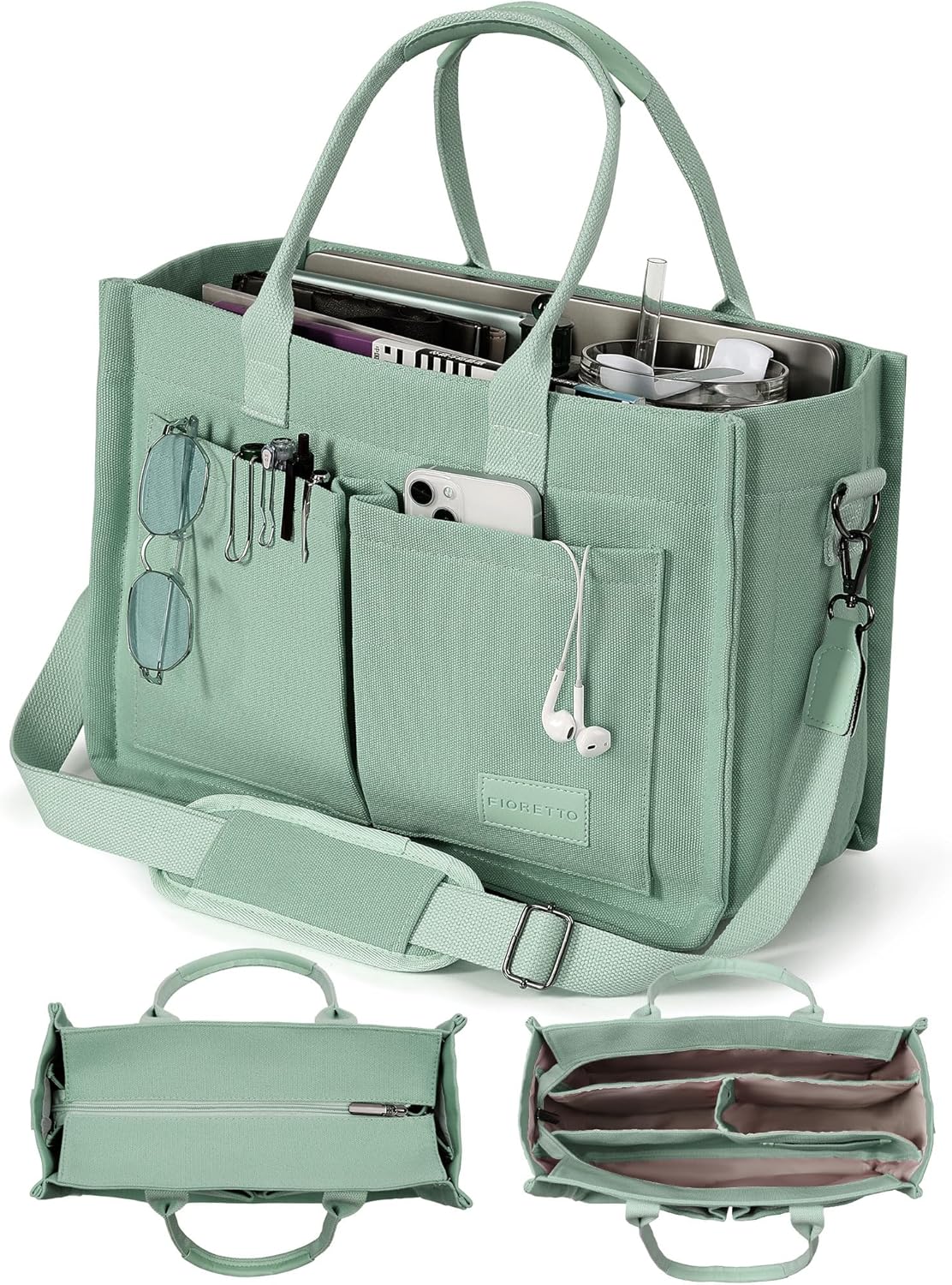 FIORETTO Canvas Tote Bag for Women with Zipper Closure