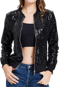 Womens Sequin Jacket with Pockets Casual Long Sleeve Front Zip - Party