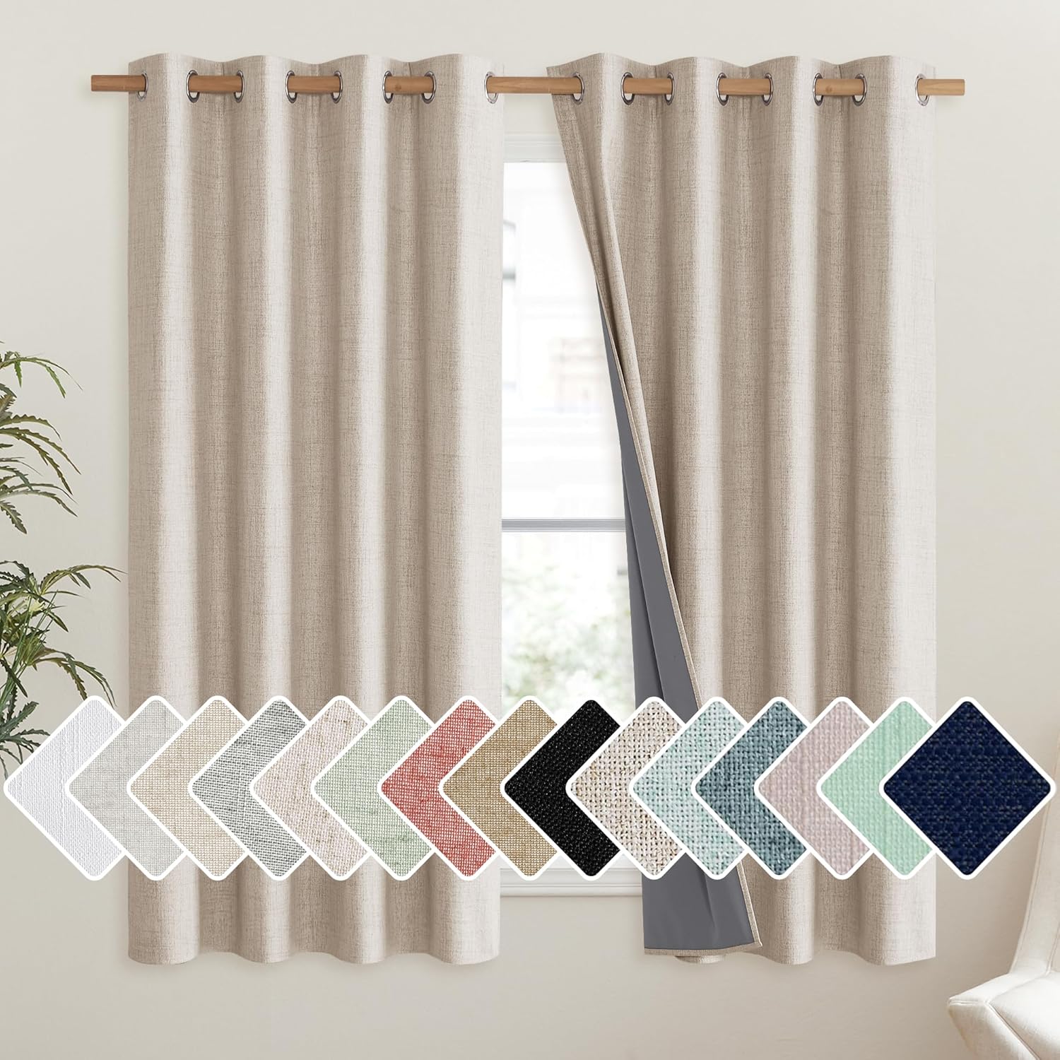 NICETOWN Cream Linen Blackout Curtains for Kids Room 48in