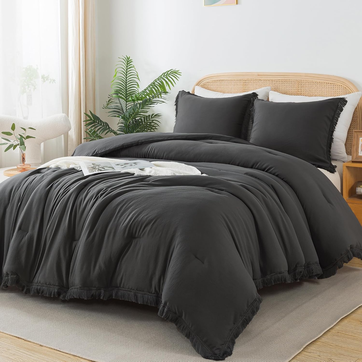 Andency California King Comforter Set Dark Grey - Boho Tassel Design