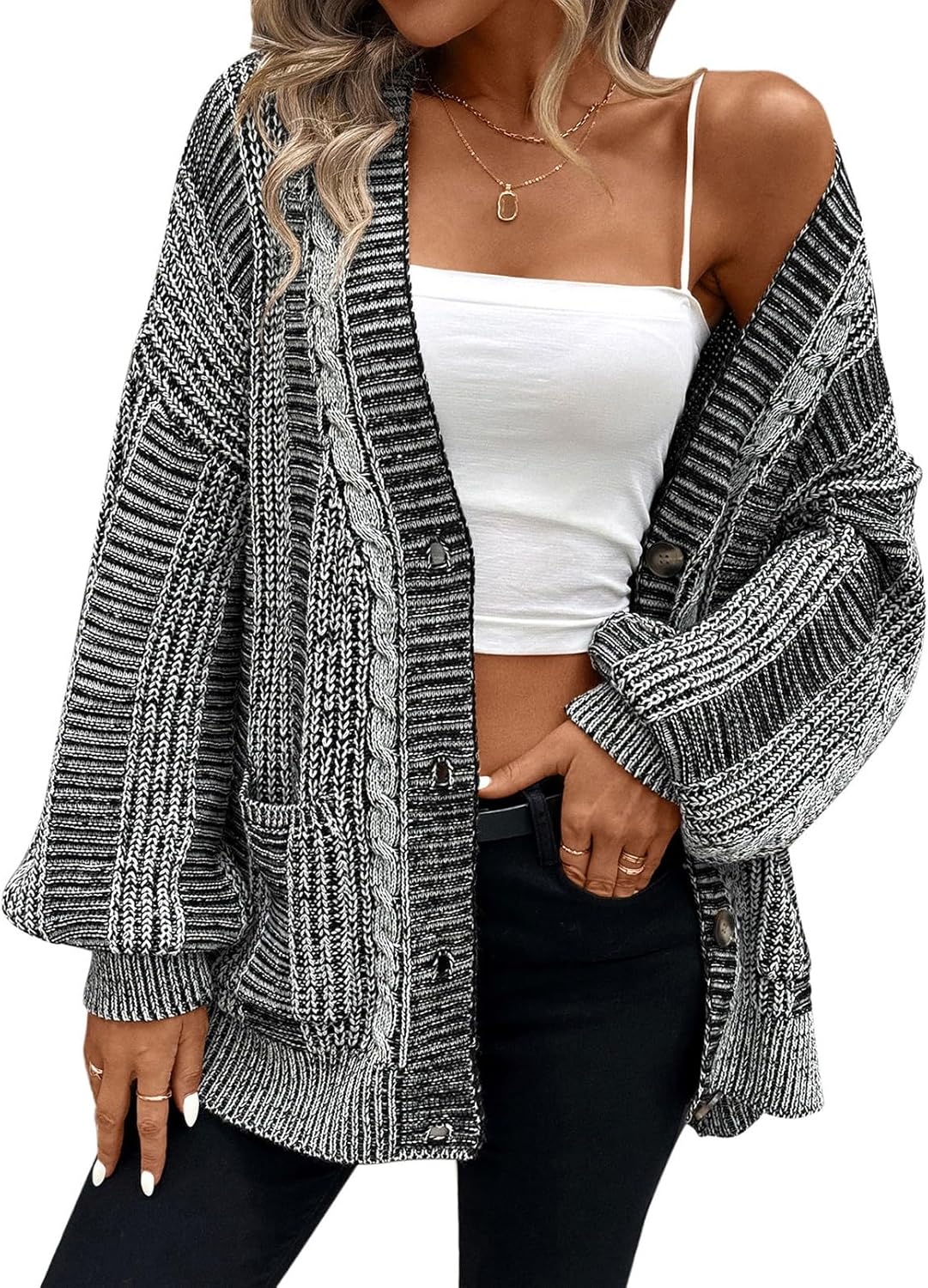 Pink Queen Women's Oversized Cable Knit Cardigan for Fall Style